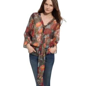 NWOT Haute Hippie 100% Silk Sheer Floral Blouse Ruched Hem Tie Neck Size Medium